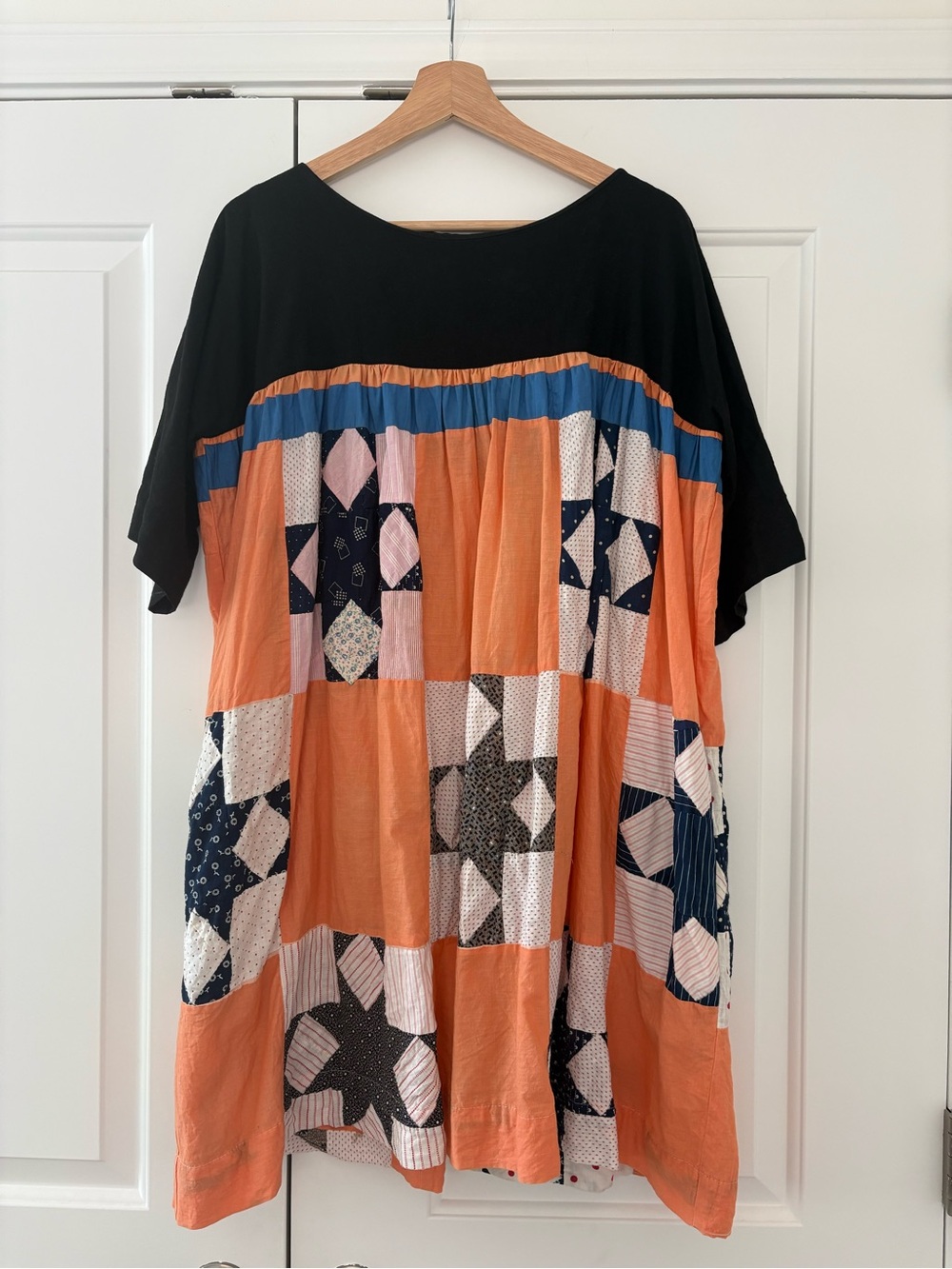 Carleen Patchwork Short Sleeve Dress in Black and Orange